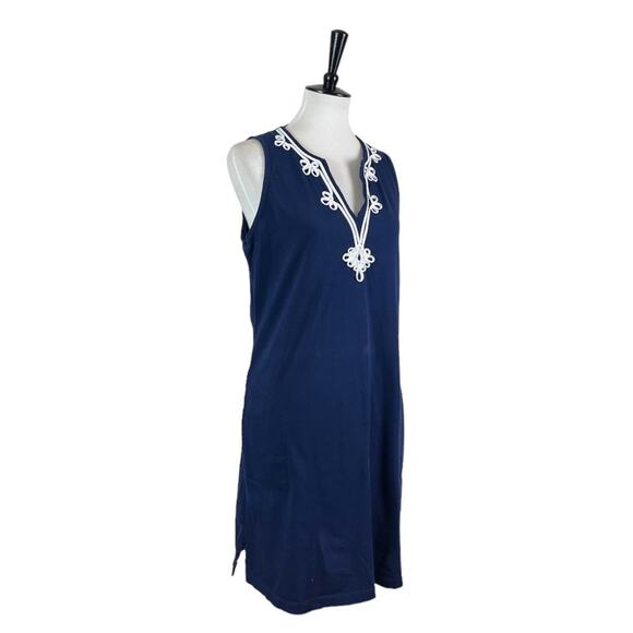 Lands’ End Shift Dress V-neck Sleeveless Soutcache Navy White Women’s Size M - Picture 2 of 10